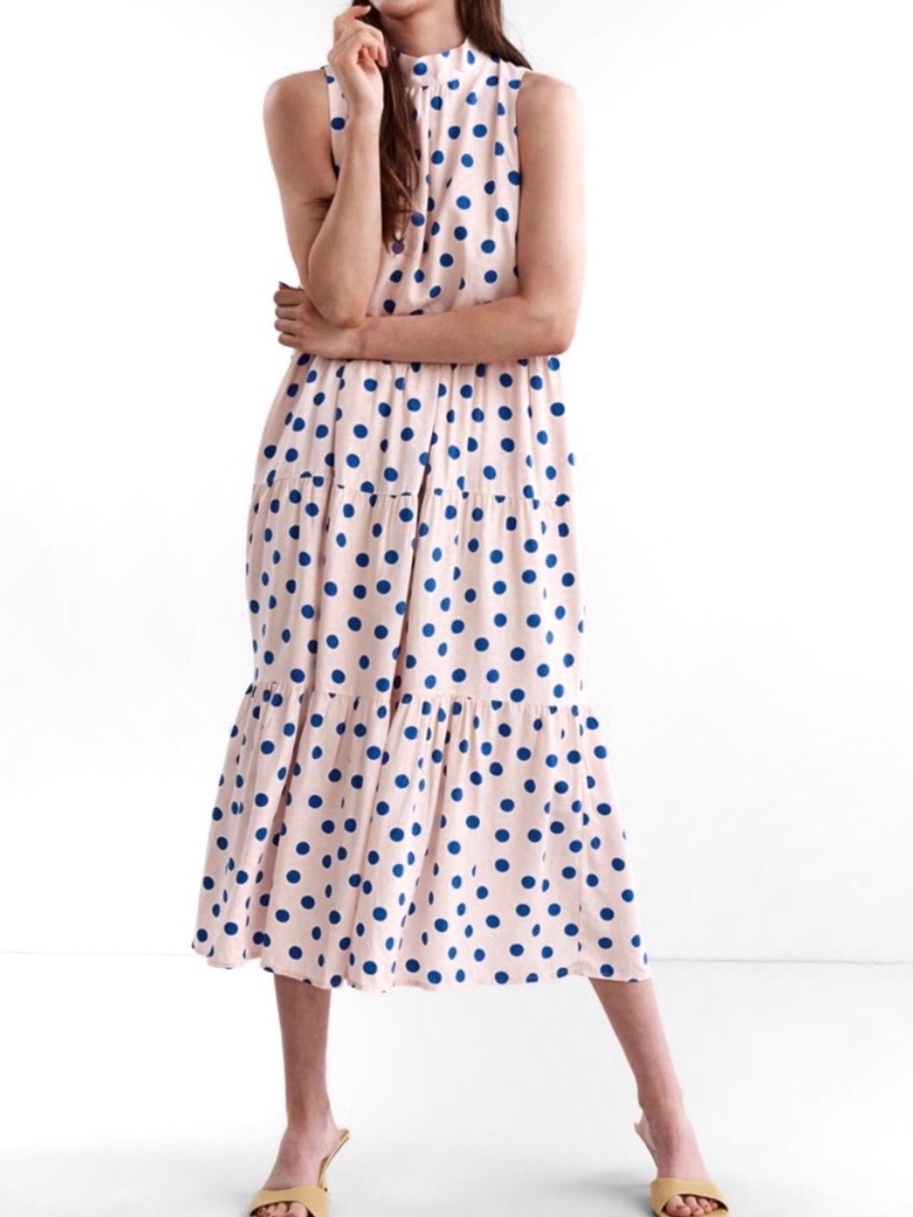 YAS Yastipi Midi Dress Womens XS Pink Blue Polka Dot